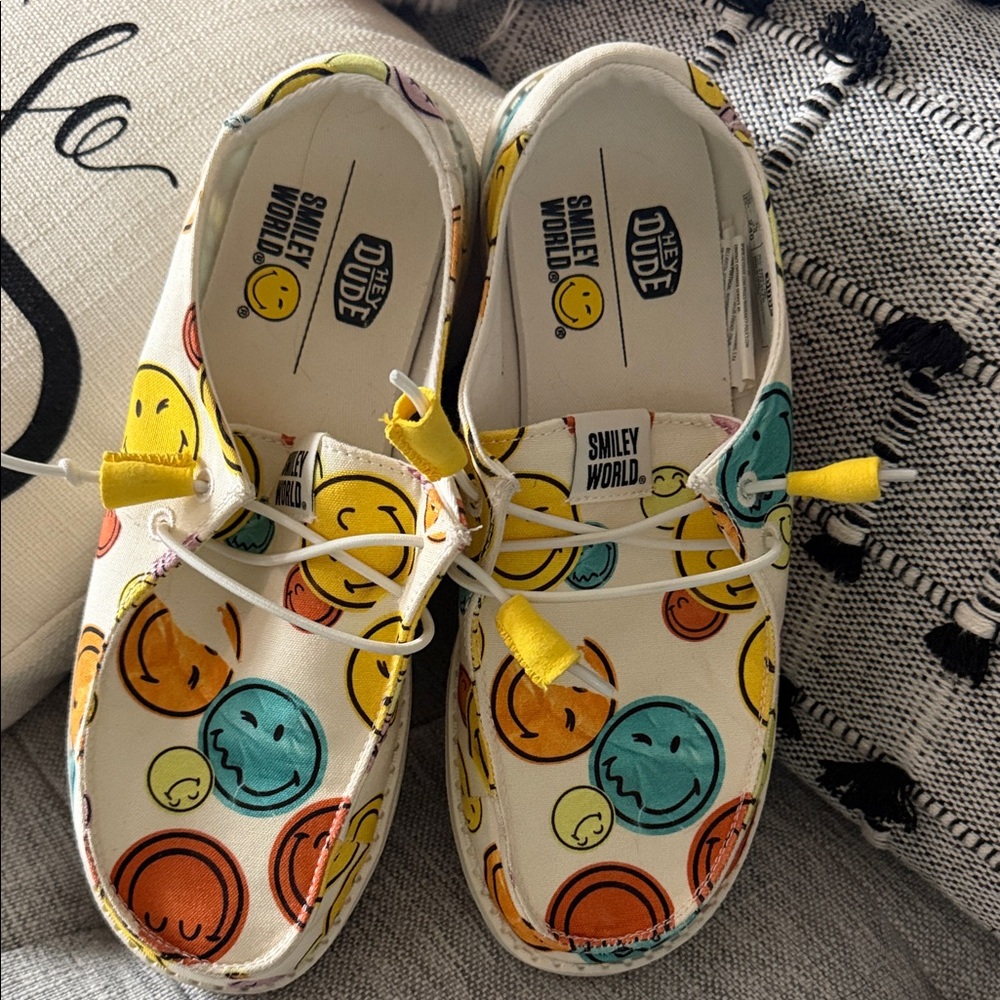 Hey Dude Kids Moccasins - White with Colorful Smiley Faces